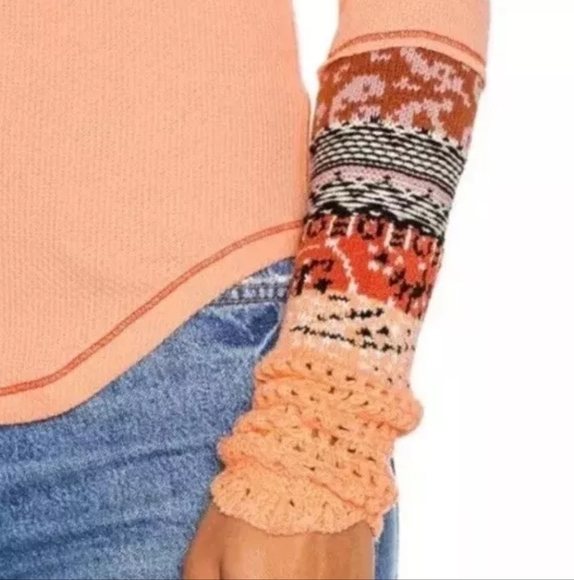 Free People In The Mix Orange Sherbet Cuff Detail Waffle Thermal Knit Top - Picture 2 of 13